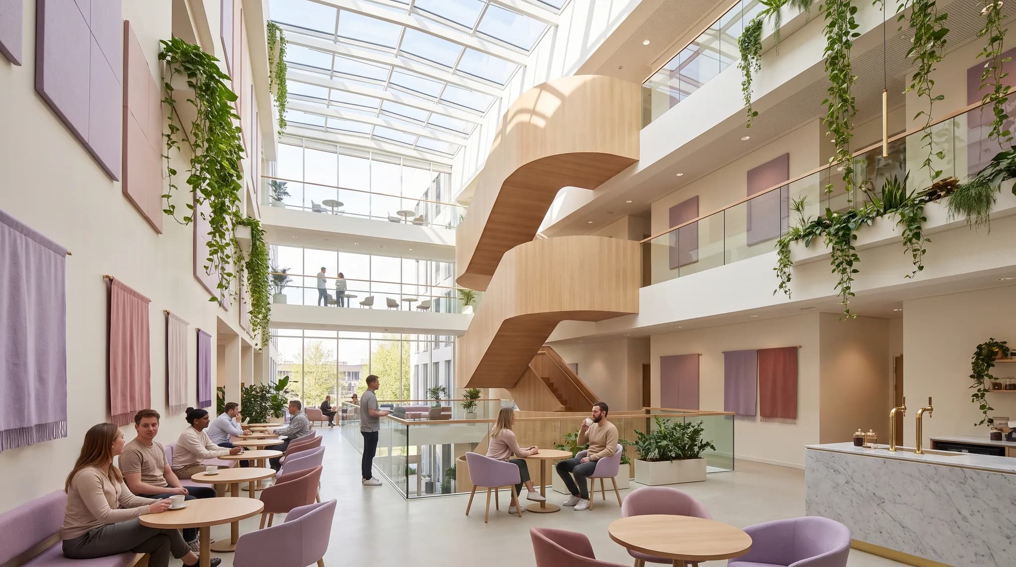Lichtdurchflutetes Atrium mit geschwungener Holztreppe, hängenden Pflanzen und Menschen im Gespräch bei Kaffee.