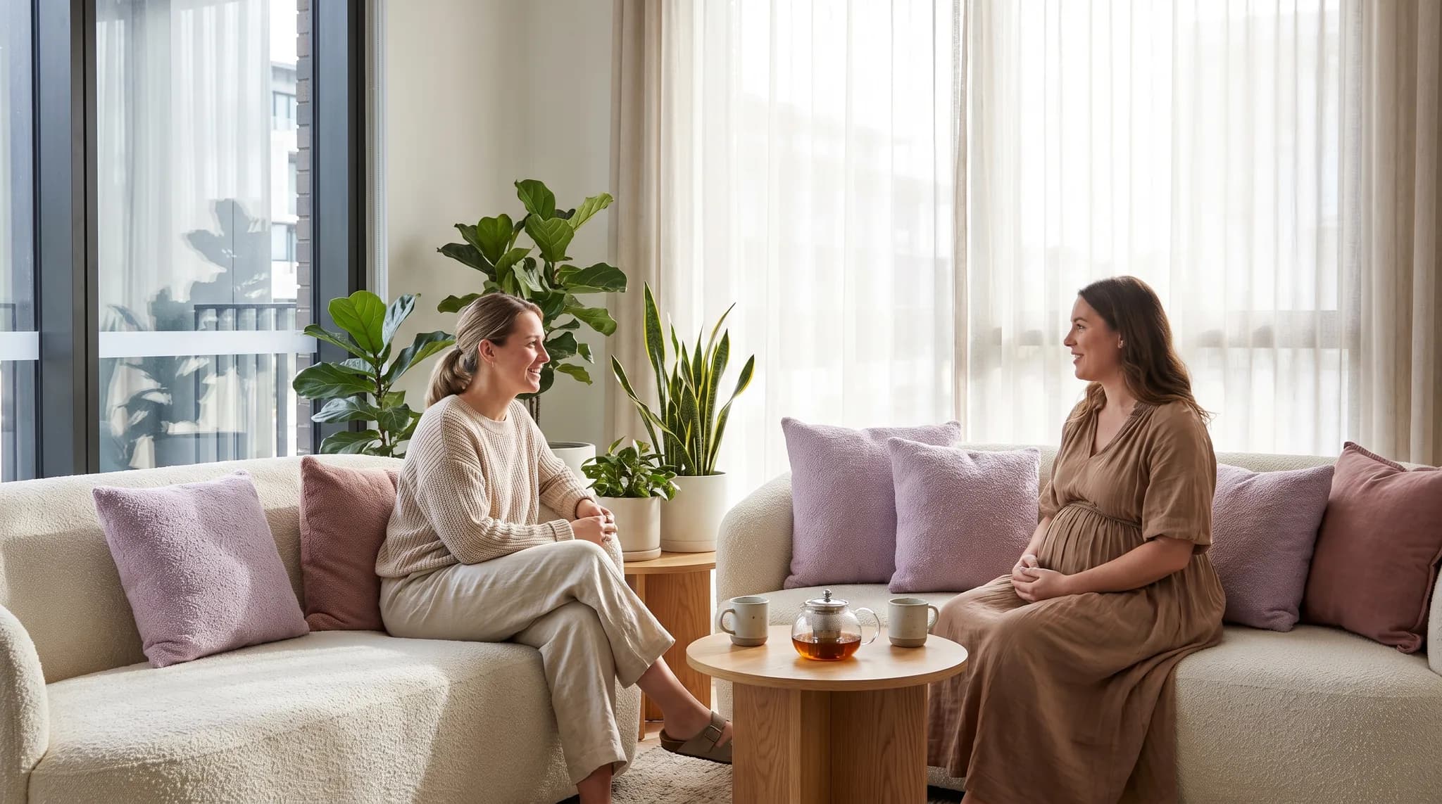 Eine Hebamme und eine Schwangere sitzen in einem hellen Raum auf einem Sofa und sprechen miteinander, auf dem Tisch stehen zwei Tassen Tee.