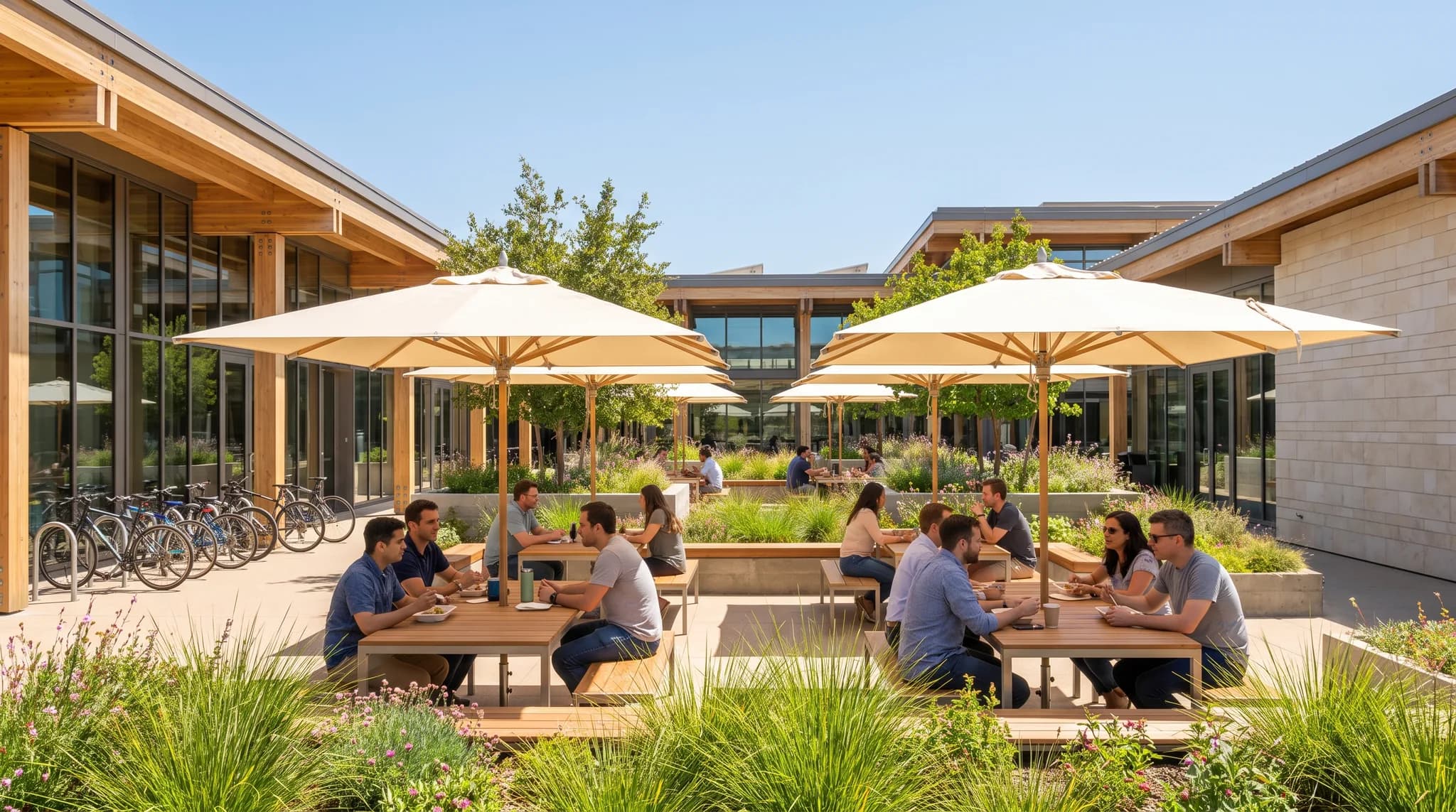 Weitläufiger Technologie-Campus mit Glasgebäuden, Grünflächen und Wegen im warmen Licht.