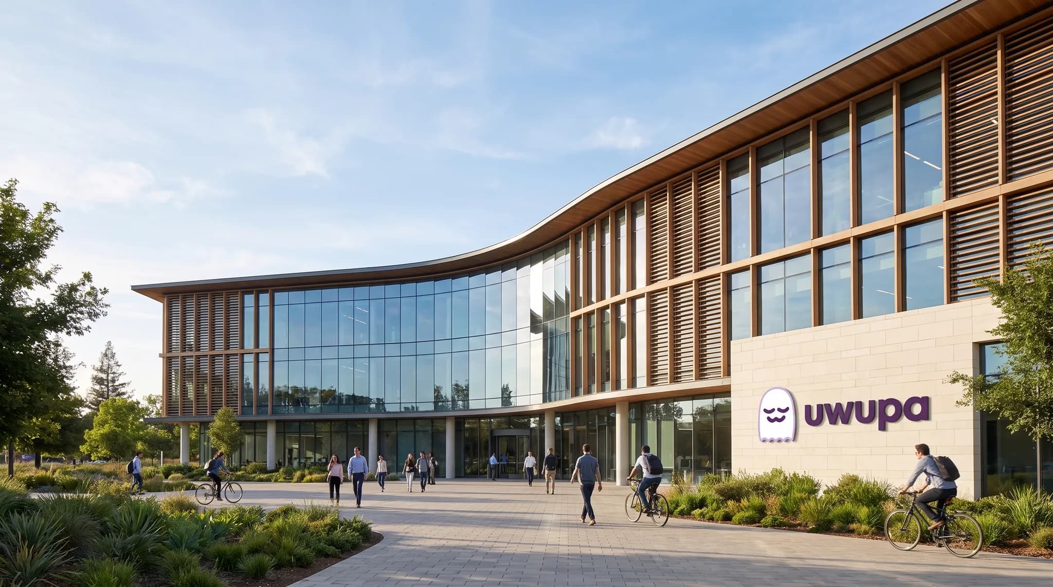 Moderner Technologie-Campus mit geschwungener Glasfassade, davor Menschen zu Fuß und mit dem Rad, an der Fassade das uwupa-Zeichen.
