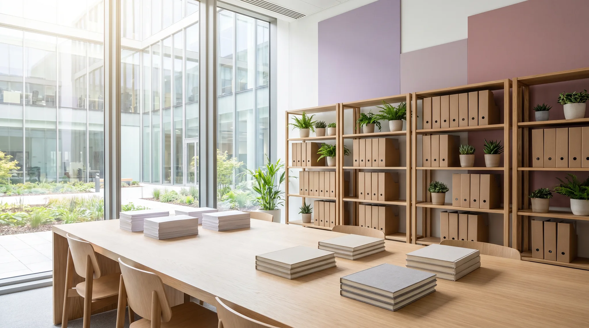 Helle Bibliotheksecke mit einem langen Holztisch, ordentlich gestapeltem Papier und Regalen voller Ordner und Pflanzen.