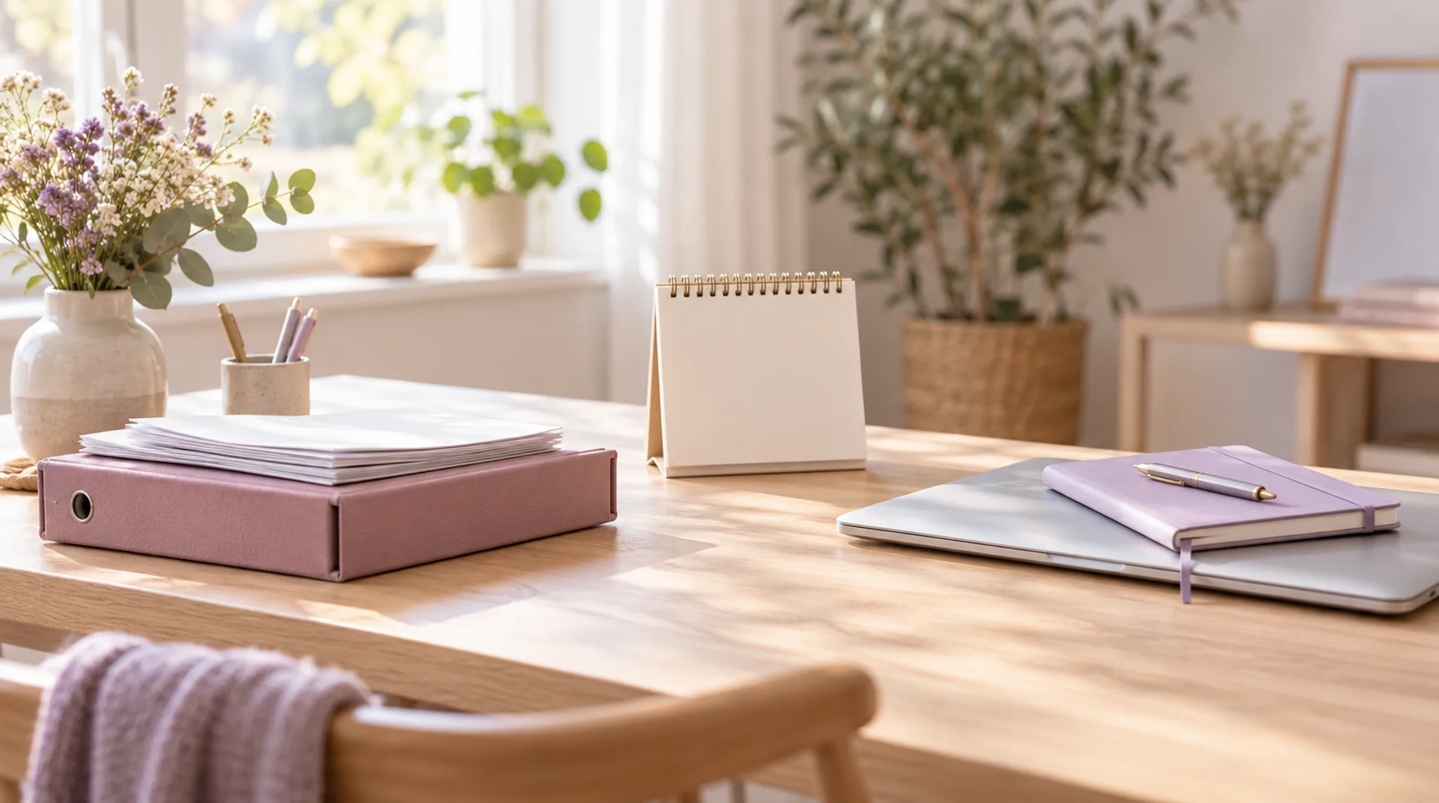 Roséfarbener Ordner mit Papierstapel, ein Aufstellkalender und ein geschlossener Laptop mit Notizbuch auf einem hellen Schreibtisch.
