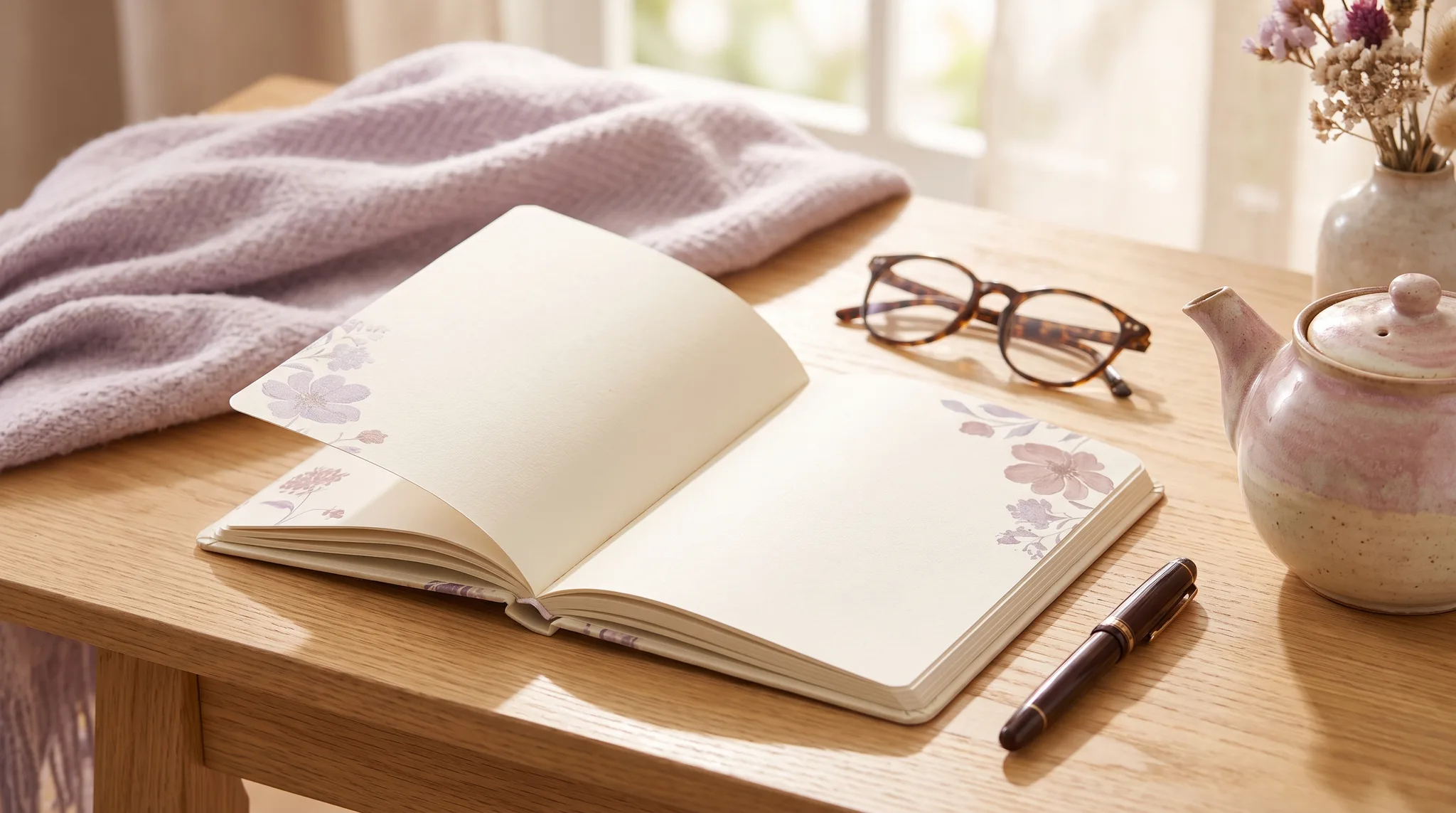 Aufgeschlagenes Notizbuch mit Fueller, Brille und einer Teekanne auf einem hellen Holztisch.