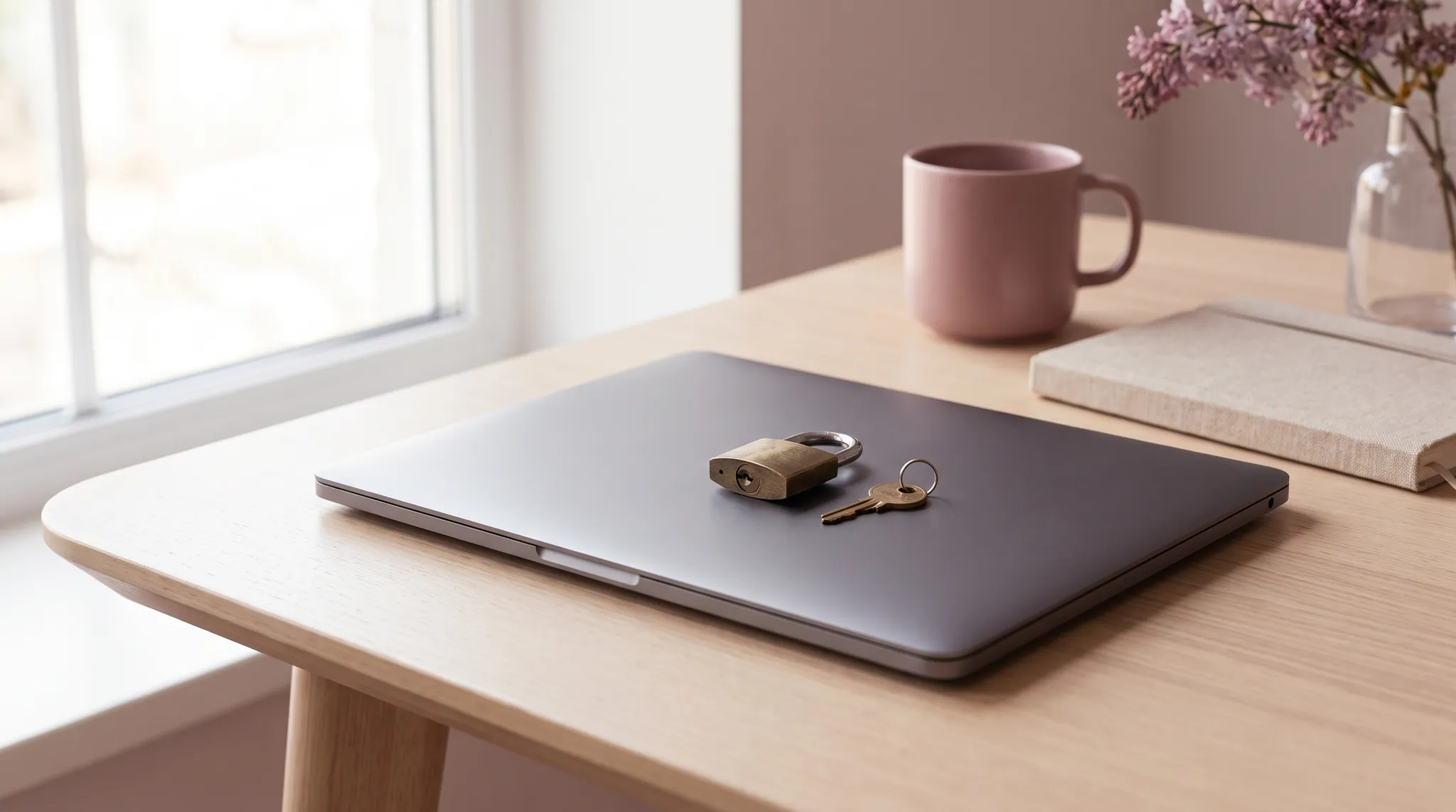 Geschlossener Laptop mit einem kleinen Vorhängeschloss und einem Schlüssel auf einem hellen Schreibtisch.
