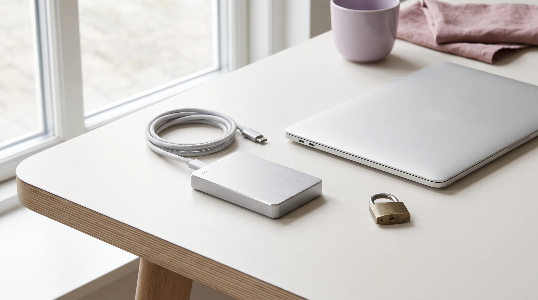 Kleine externe Festplatte mit aufgerolltem Kabel neben einem Laptop und einem kleinen Schloss.