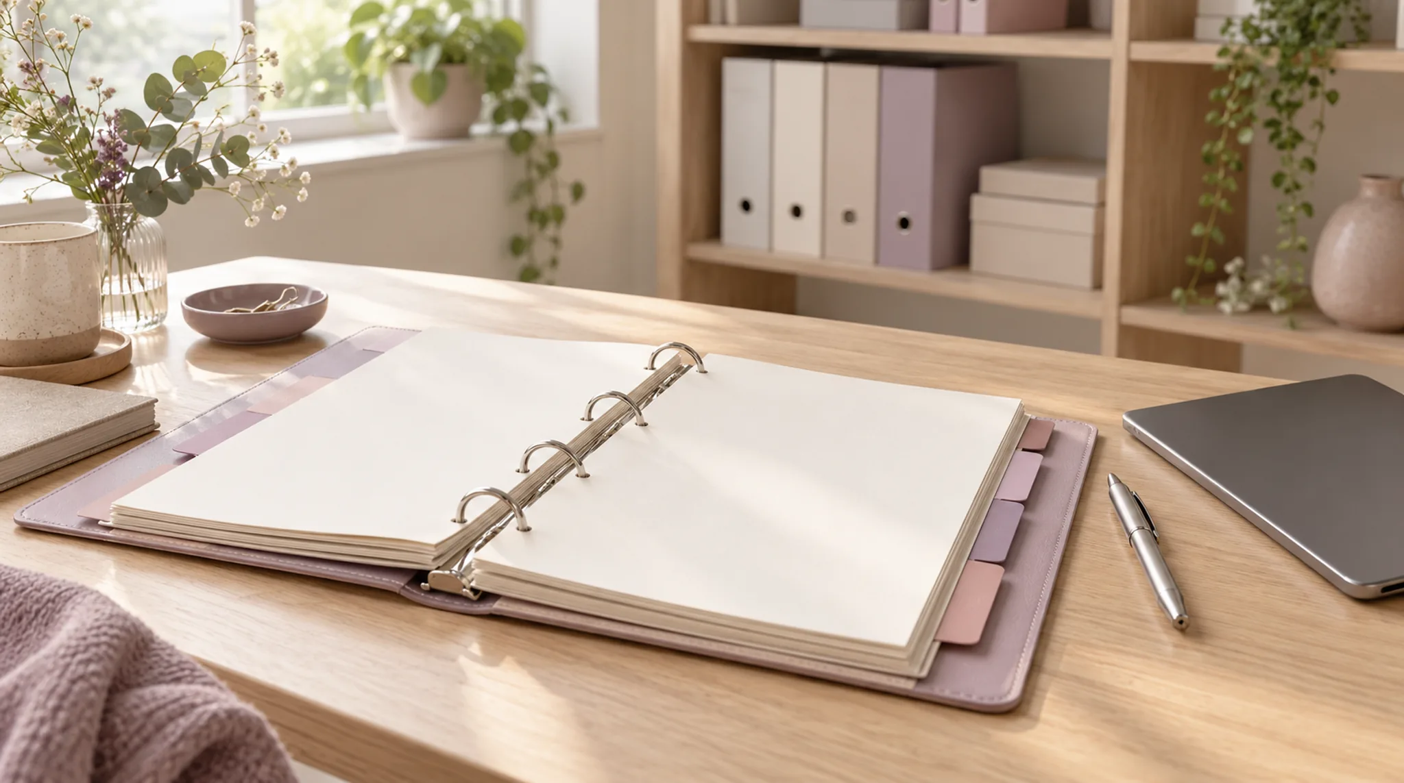 Offener Ringordner mit leeren Blättern und farbigen Registerreitern, daneben ein Stift und ein Tablet auf einem hellen Schreibtisch.