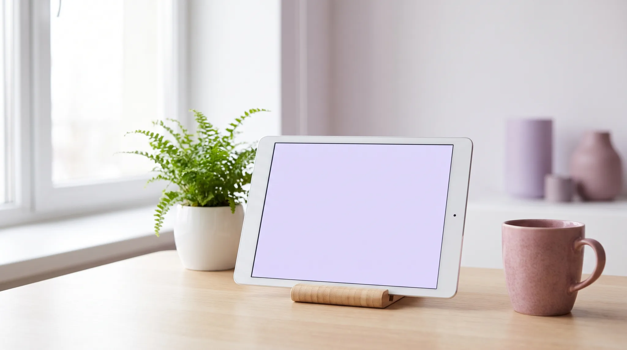 Modernes Tablet mit hellem Bildschirm auf einem kleinen Staender neben einer Pflanze und einer Tasse.