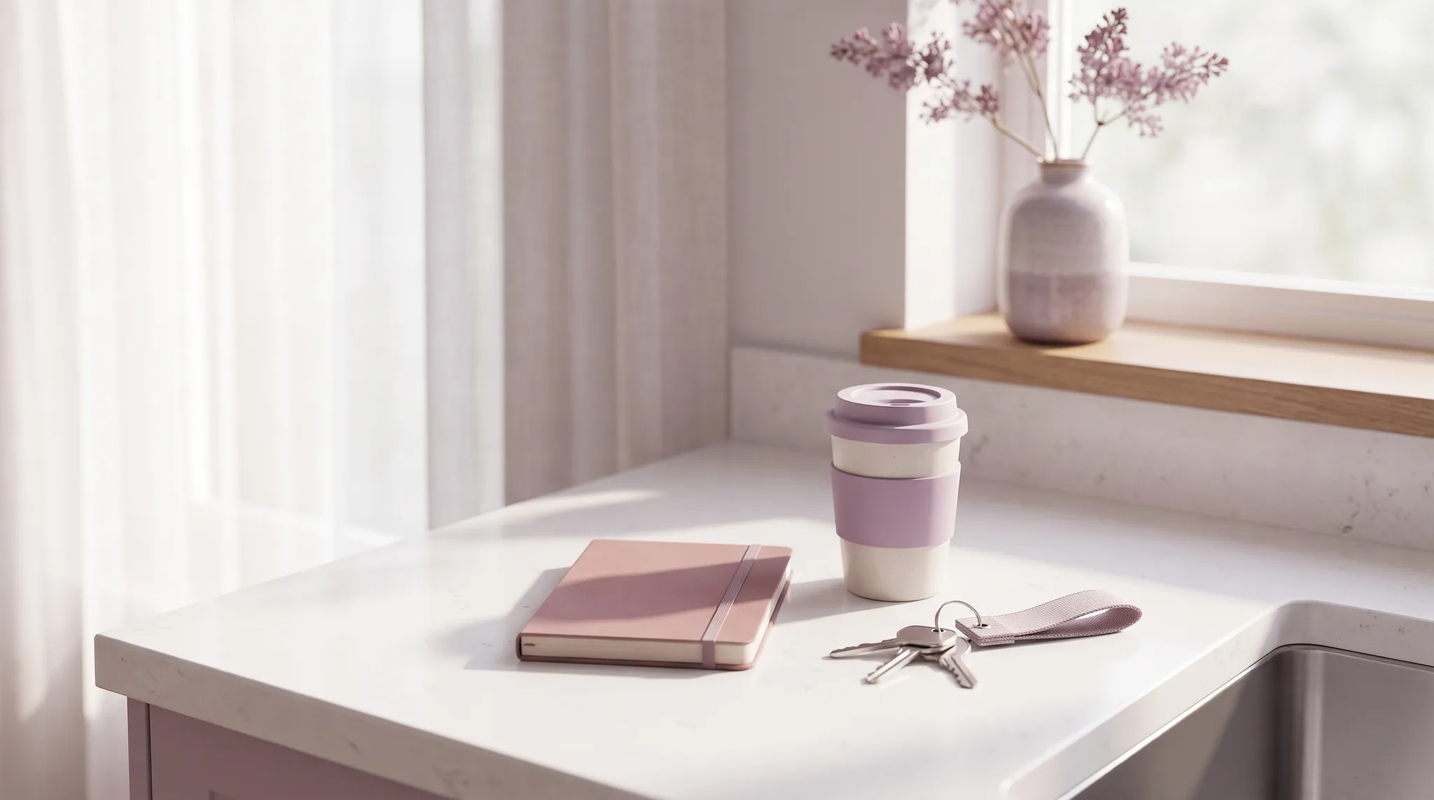 Autoschluessel, ein kleines Notizbuch und ein Kaffeebecher auf einer hellen Kuechenzeile am Fenster.