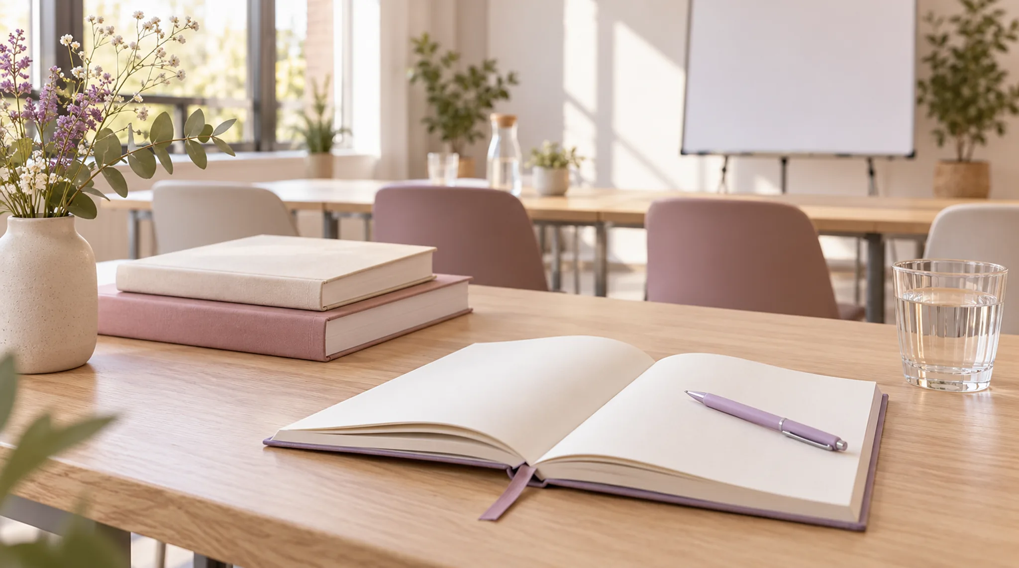 Offenes Notizbuch mit Stift, zwei Bücher und ein Glas Wasser auf einem Tisch in einem hellen Seminarraum.