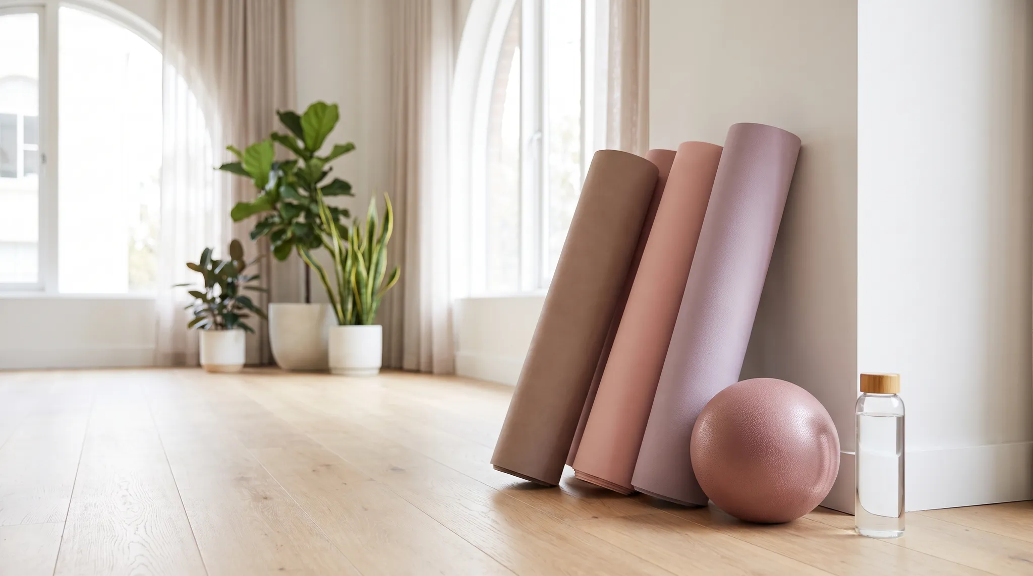Zusammengerollte Yogamatten, ein Gymnastikball und eine Trinkflasche in einem hellen Kursraum.