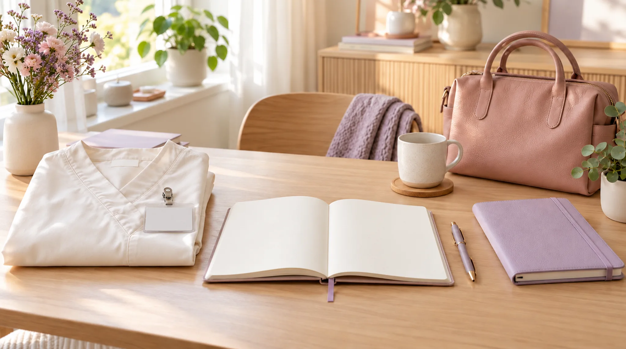 Gefaltete Berufskleidung mit leerem Namensschild, ein offenes Notizbuch und ein fliederfarbener Planer mit Stift neben einer roséfarbenen Tasche.