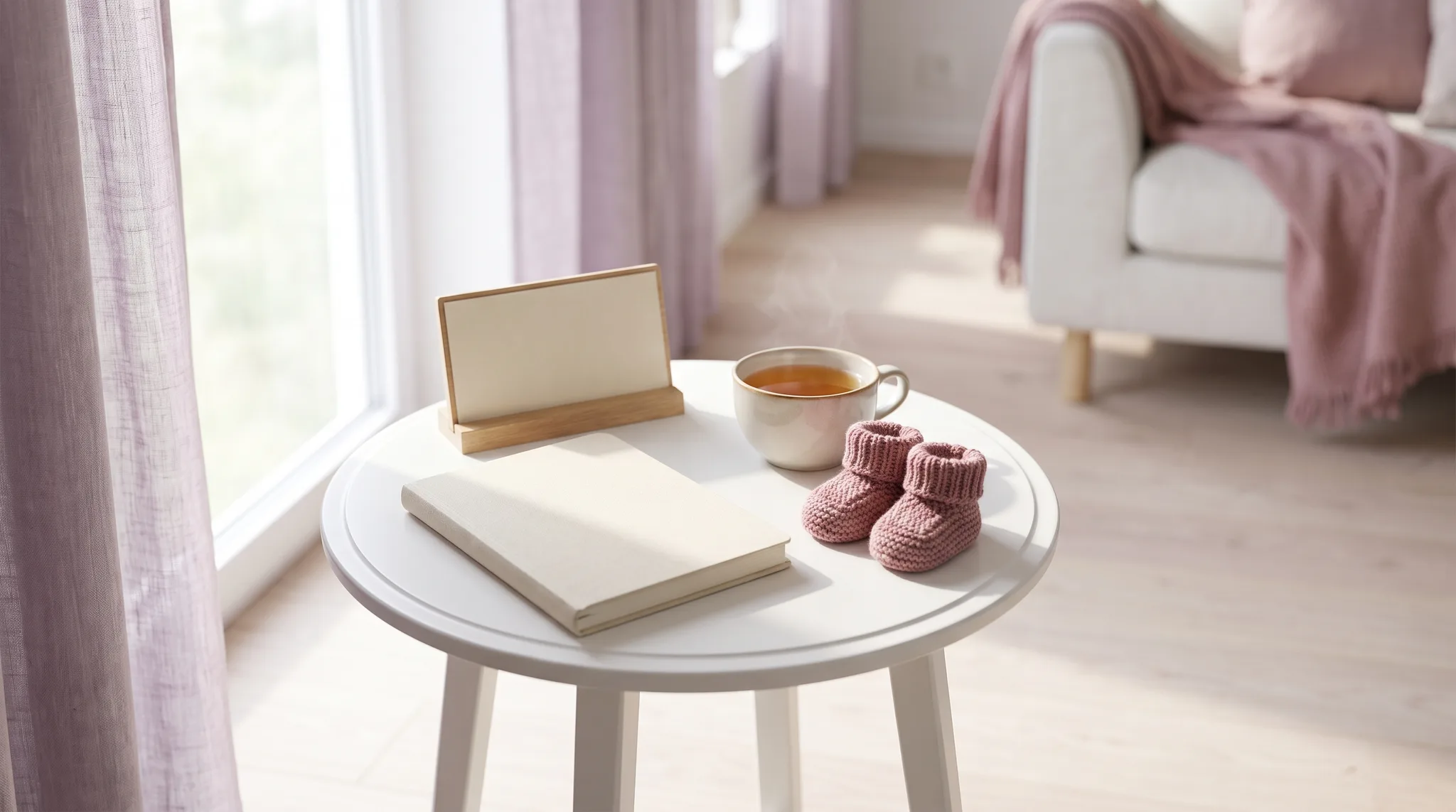 Kleiner Beistelltisch im hellen Wohnzimmer mit Notizbuch, Kalender, einer Tasse Tee und rosa Babyschuehchen.