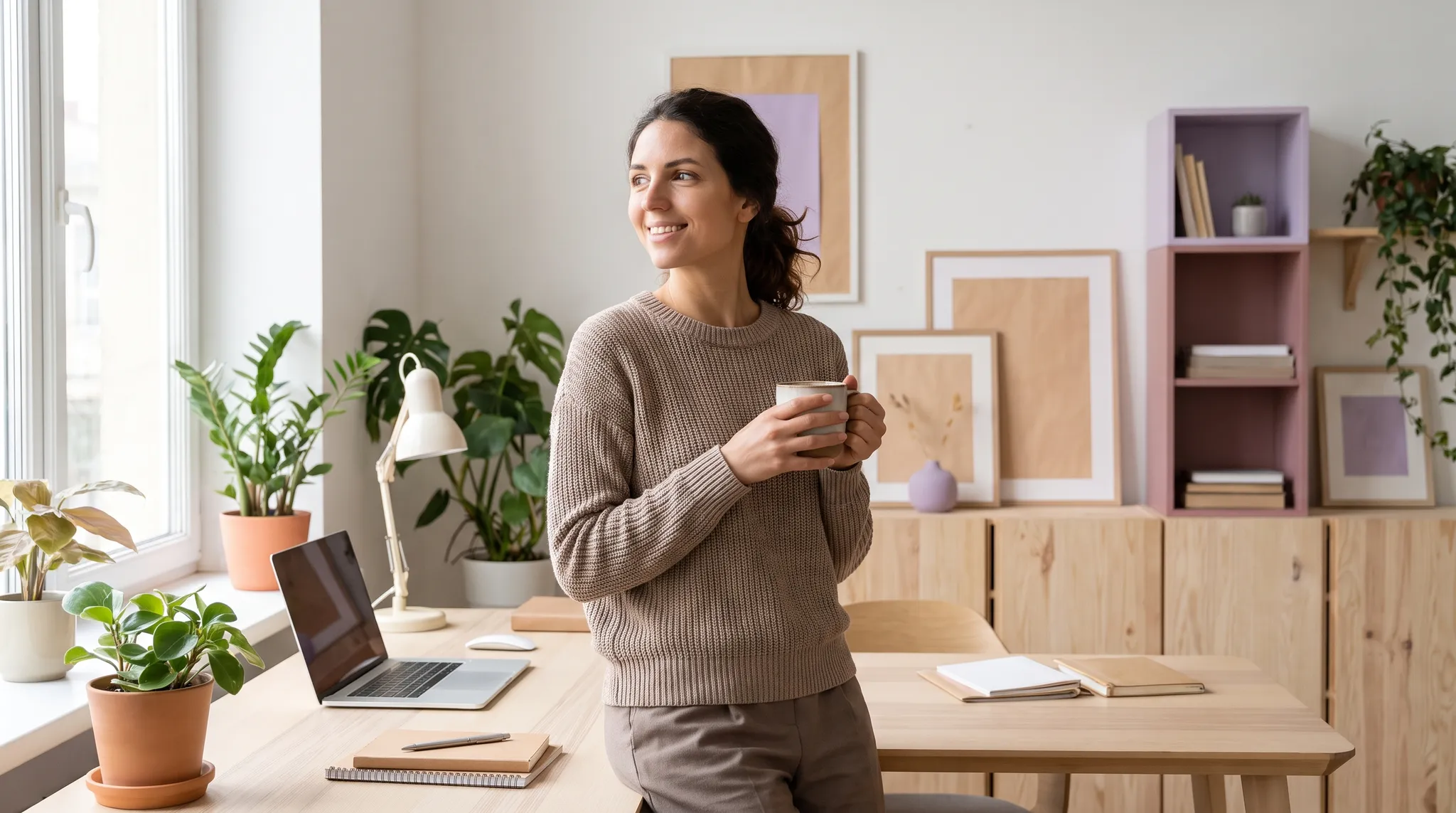 Junge Hebamme steht mit einer Tasse in einem hellen, neuen Arbeitszimmer und laechelt zuversichtlich.