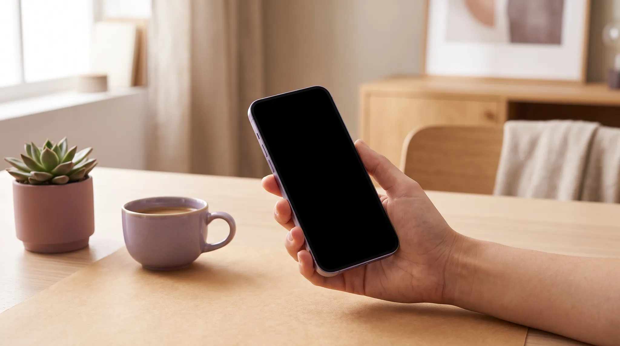 Eine Hand haelt ein modernes Smartphone mit leerem Bildschirm ueber einem hellen Schreibtisch.