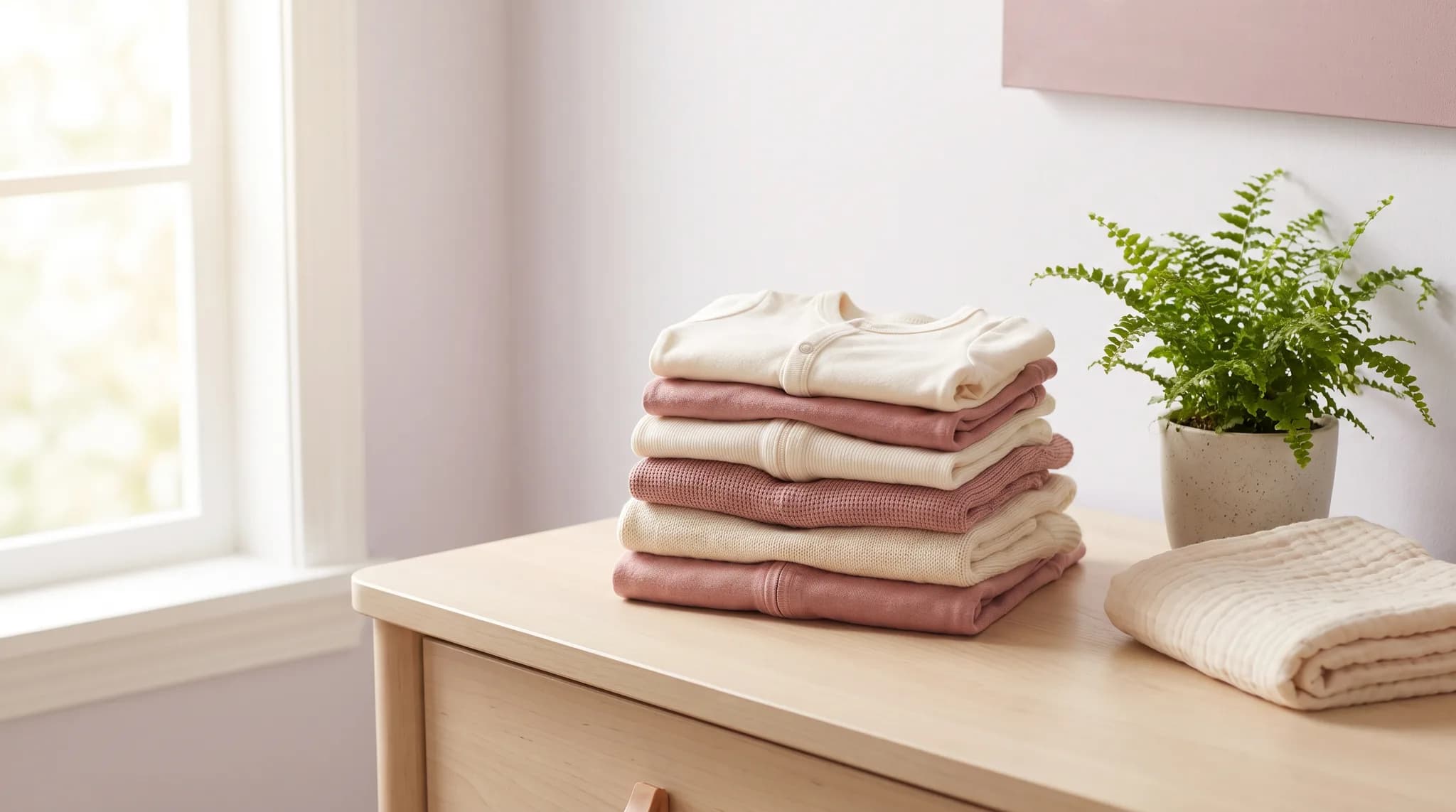 Ordentlich gefaltete Babykleidung in Creme und Rose neben einer kleinen Pflanze auf einer hellen Kommode.