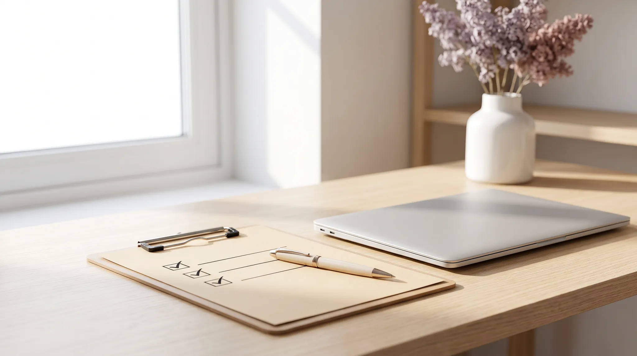 Klemmbrett mit einer abgehakten Liste, ein Stift und ein Laptop auf einem hellen Schreibtisch.