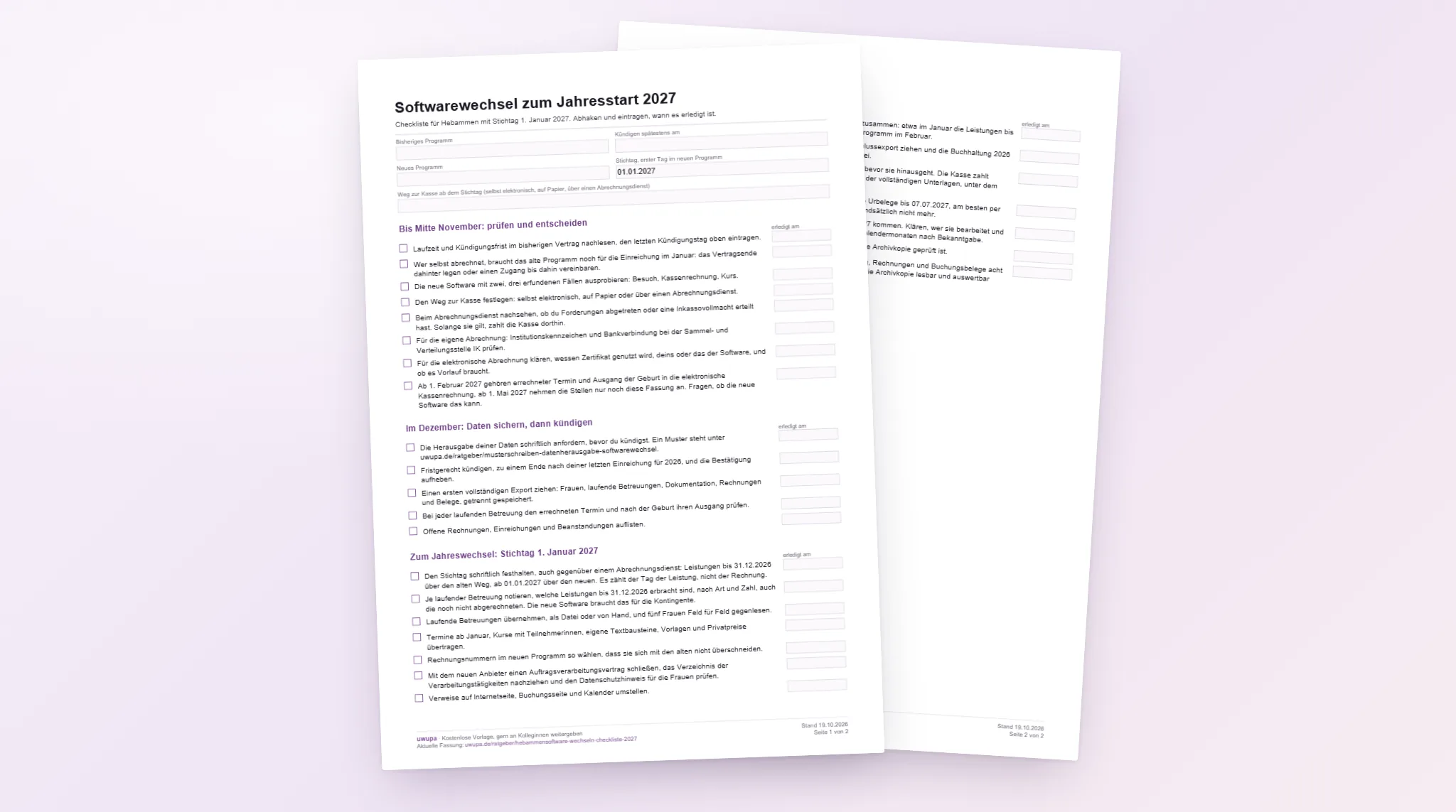 Die zwei Seiten der Checkliste zum Softwarewechsel zum Jahresstart 2027: Haken mit Feldern für das Datum, gegliedert nach November, Dezember und Jahreswechsel.