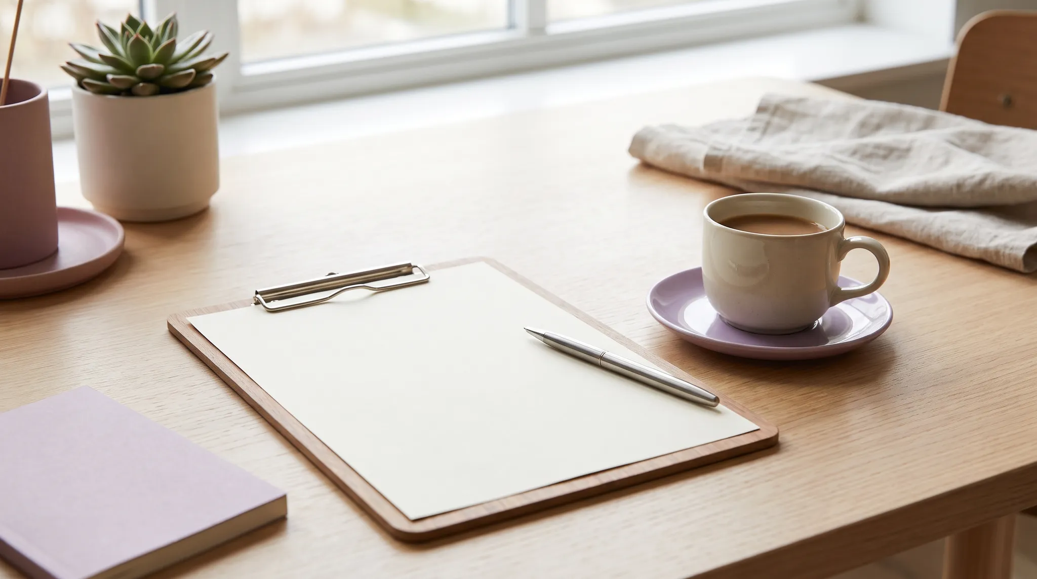 Klemmbrett mit einem leeren Formular, Stift und Kaffeetasse auf einem hellen Schreibtisch.
