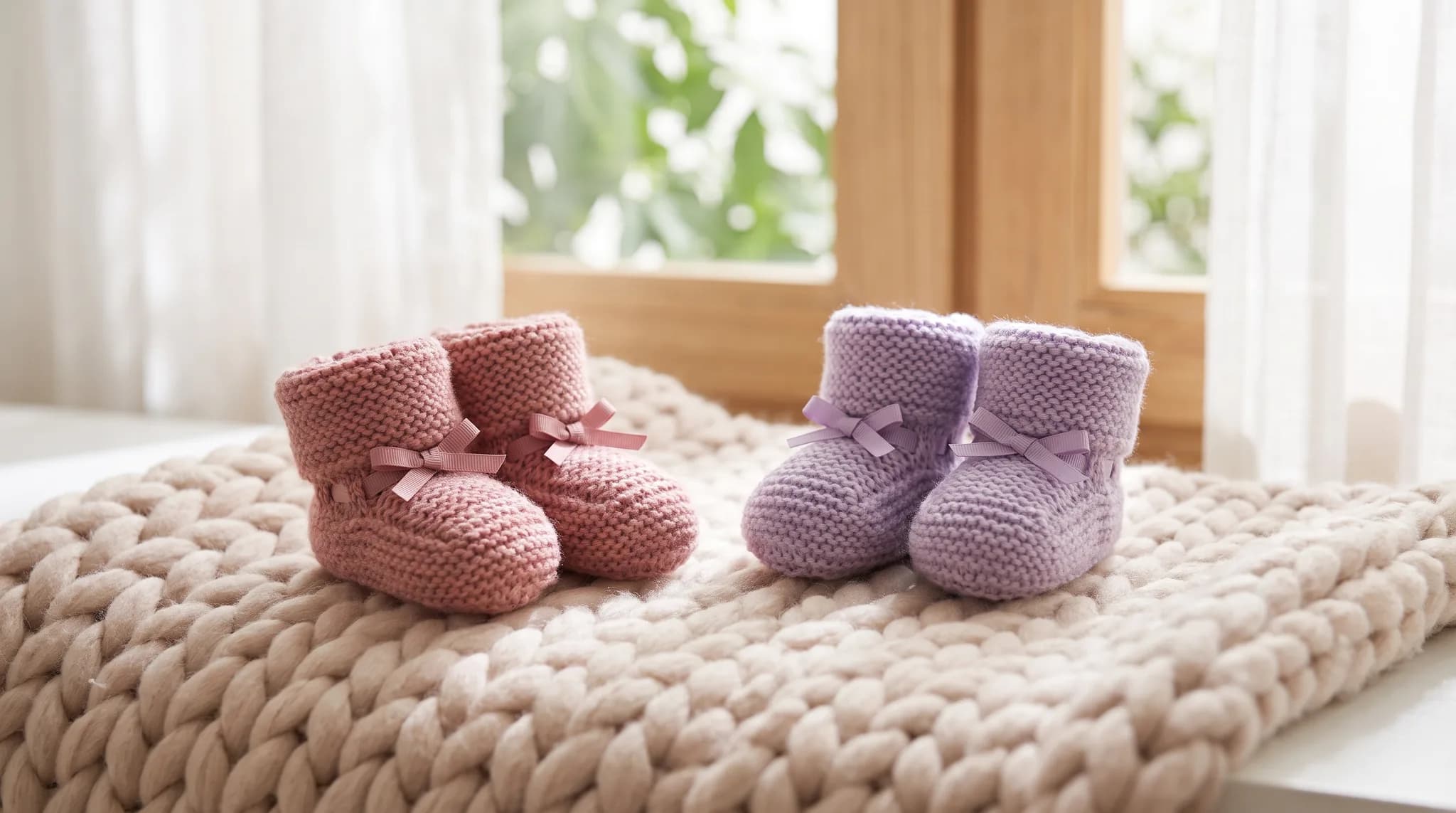 Zwei Paar gestrickte Babyschuehchen in Rose und Flieder nebeneinander auf einer weichen hellen Decke.