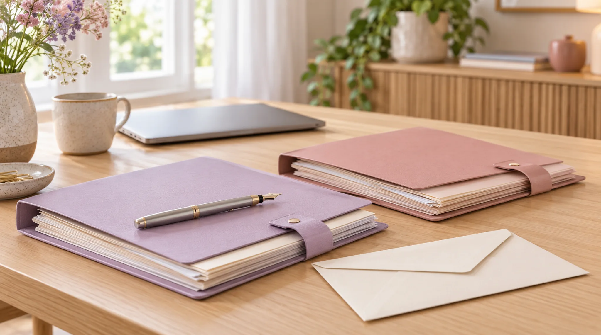 Zwei Mappen in Flieder und Rosé mit Papierstapeln, ein Füller und ein heller Briefumschlag auf einem Holzschreibtisch.