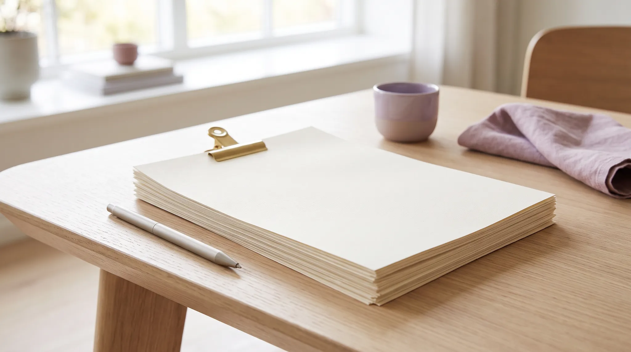 Zusammengehefteter Stapel Papiere und ein Stift auf einem hellen, aufgeraeumten Schreibtisch.