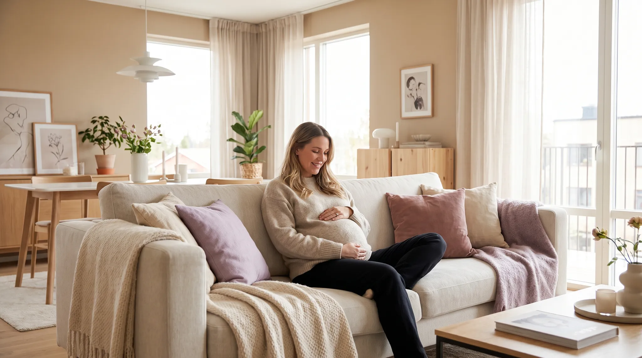 Schwangere Frau sitzt entspannt auf einem Sofa in einem hellen, modernen Wohnraum, eine Hand am Bauch.