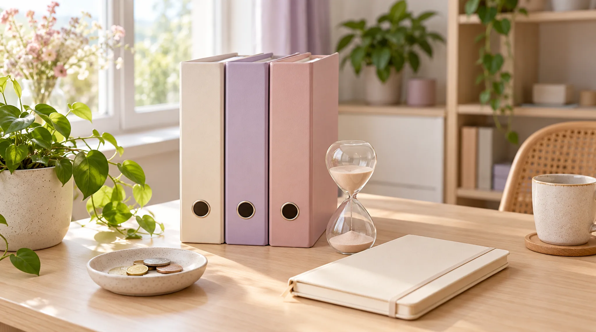 Drei Ordner in Creme, Flieder und Rosé neben einer Sanduhr, einem Notizbuch und einer Schale mit Münzen auf einem hellen Schreibtisch.