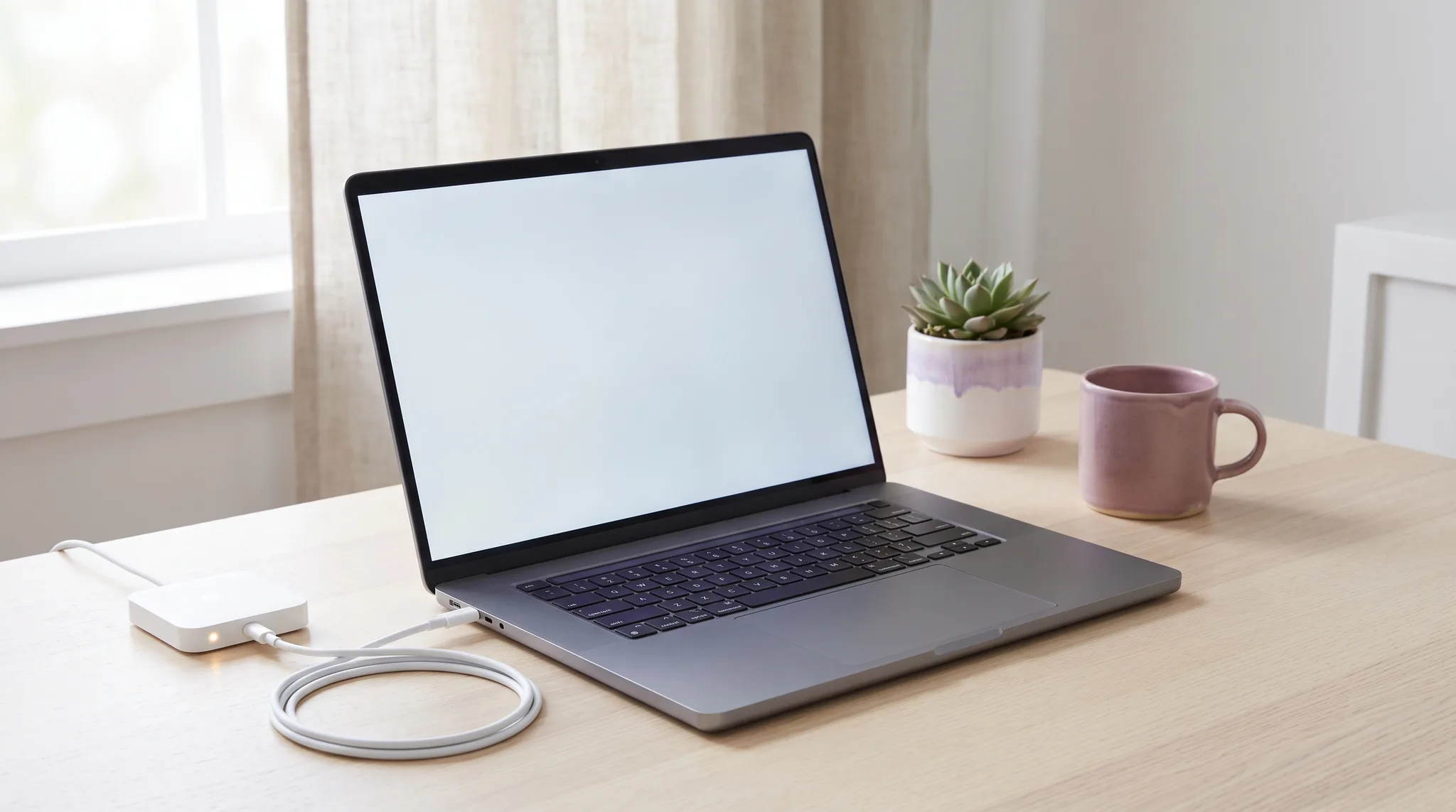 Moderner Laptop, der ueber ein einzelnes Kabel mit einem kleinen weissen Kaestchen verbunden ist, daneben eine Pflanze.