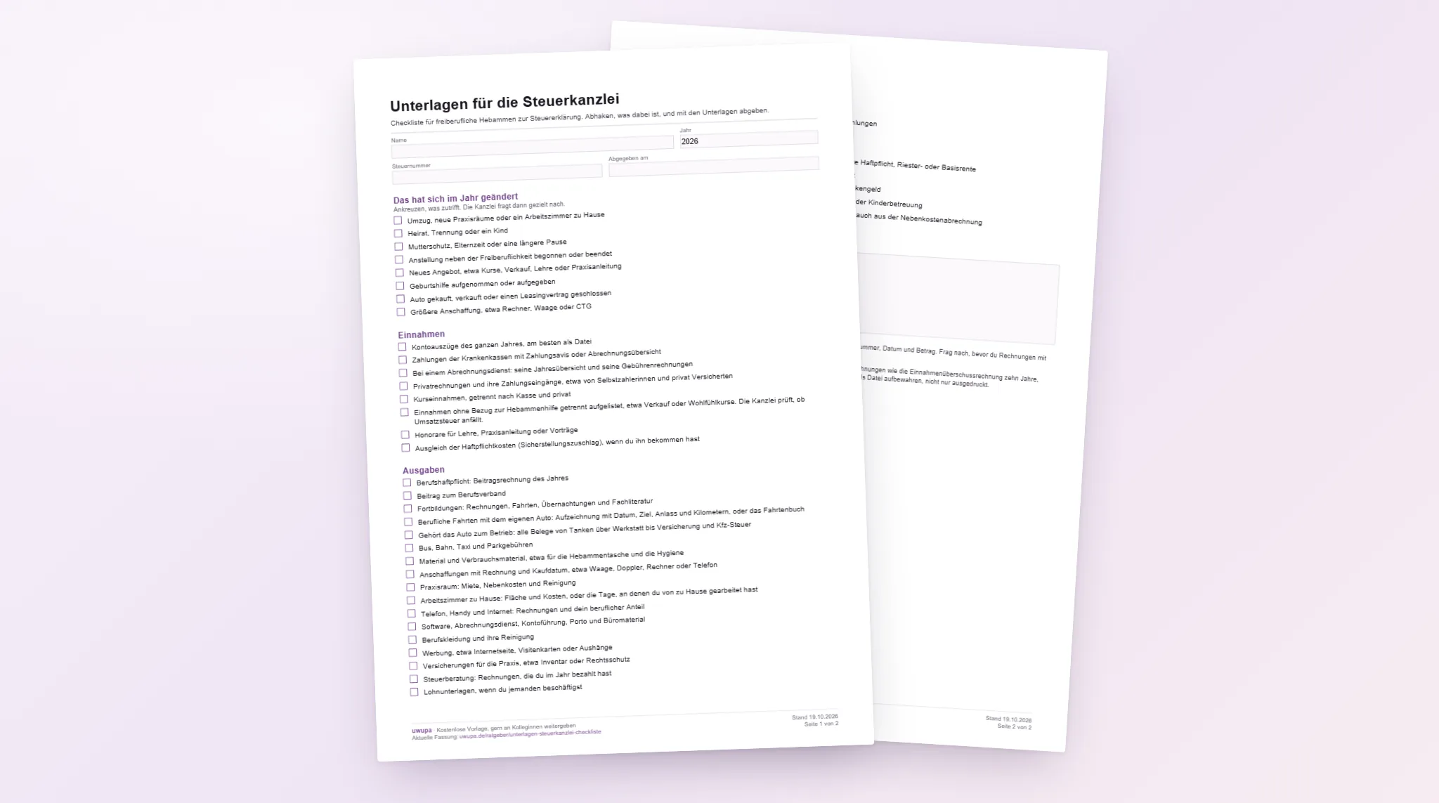 Die zwei Seiten der Checkliste mit den Unterlagen für die Steuerkanzlei: vorn die Haken zu Änderungen, Einnahmen und Ausgaben, dahinter Vorsorge und Fragen.