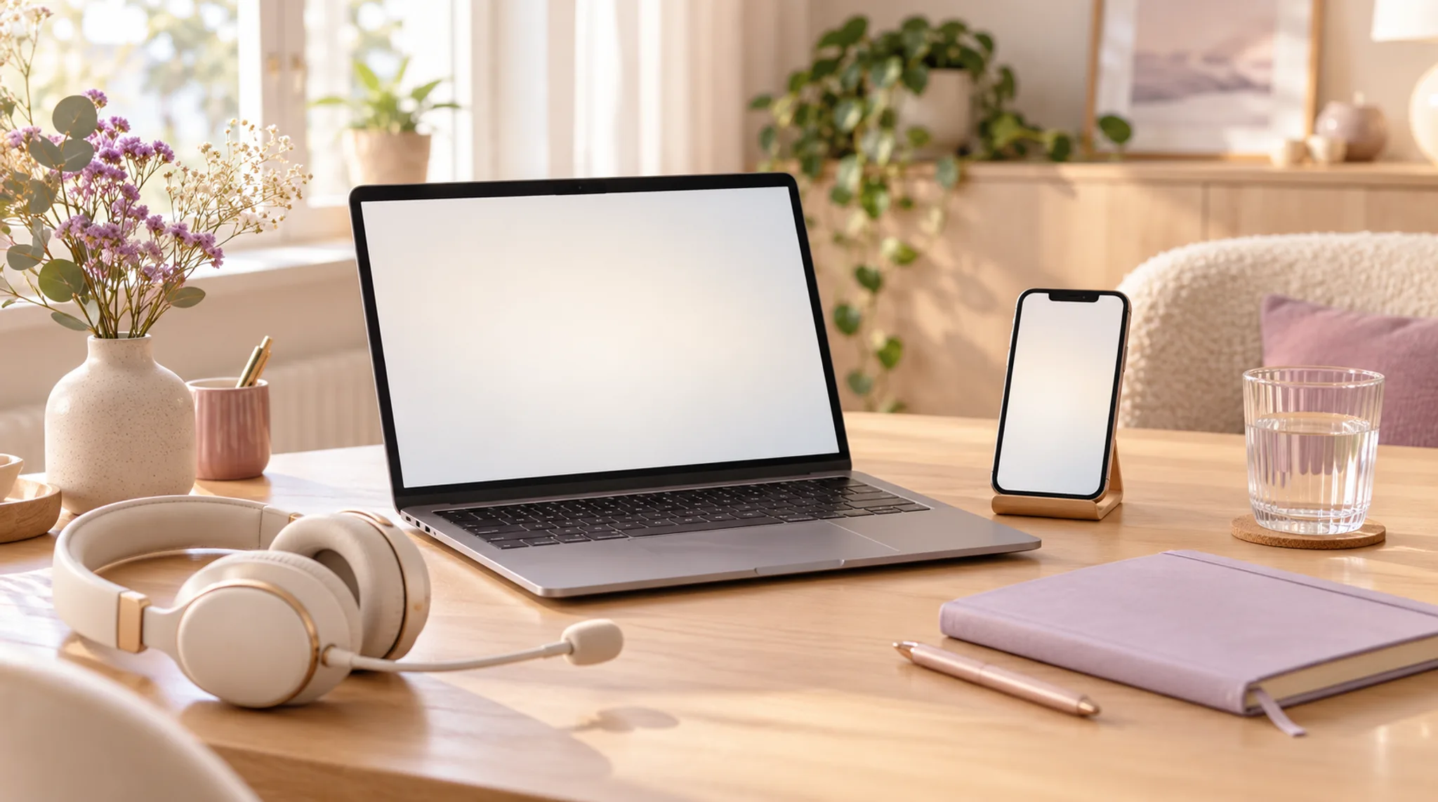 Geöffneter Laptop und Smartphone auf einem Ständer, daneben Kopfhörer mit Mikrofon und ein fliederfarbenes Notizbuch auf einem hellen Schreibtisch.