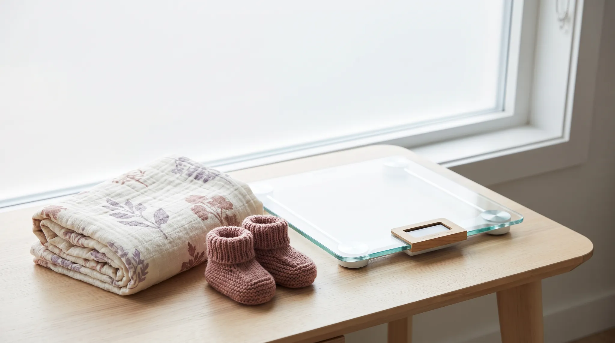 Zusammengelegtes Mulltuch, kleine gestrickte Schuehchen und eine Babywaage auf einer hellen Flaeche.