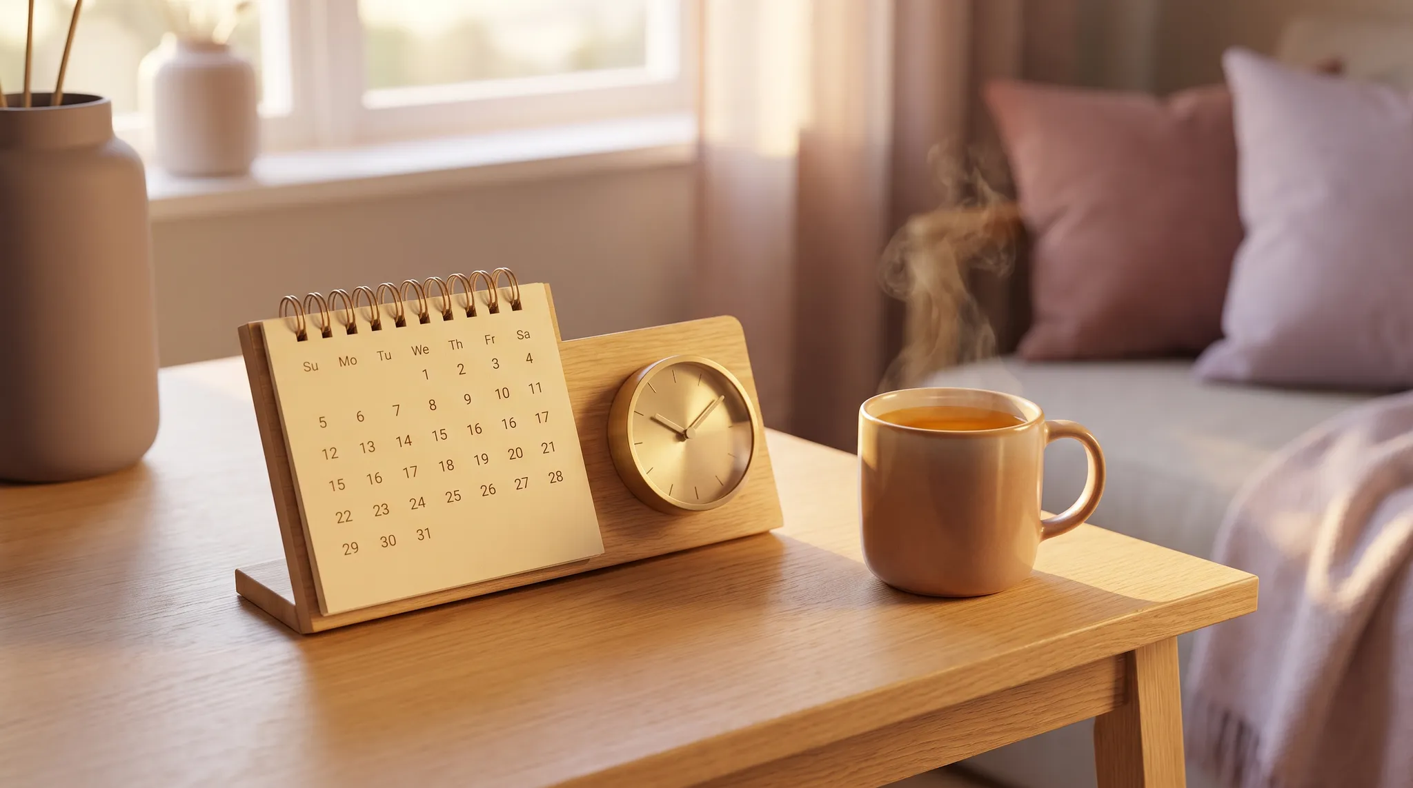 Aufstell-Kalender und eine kleine Uhr in warmem Abendlicht auf einem hellen Tisch.