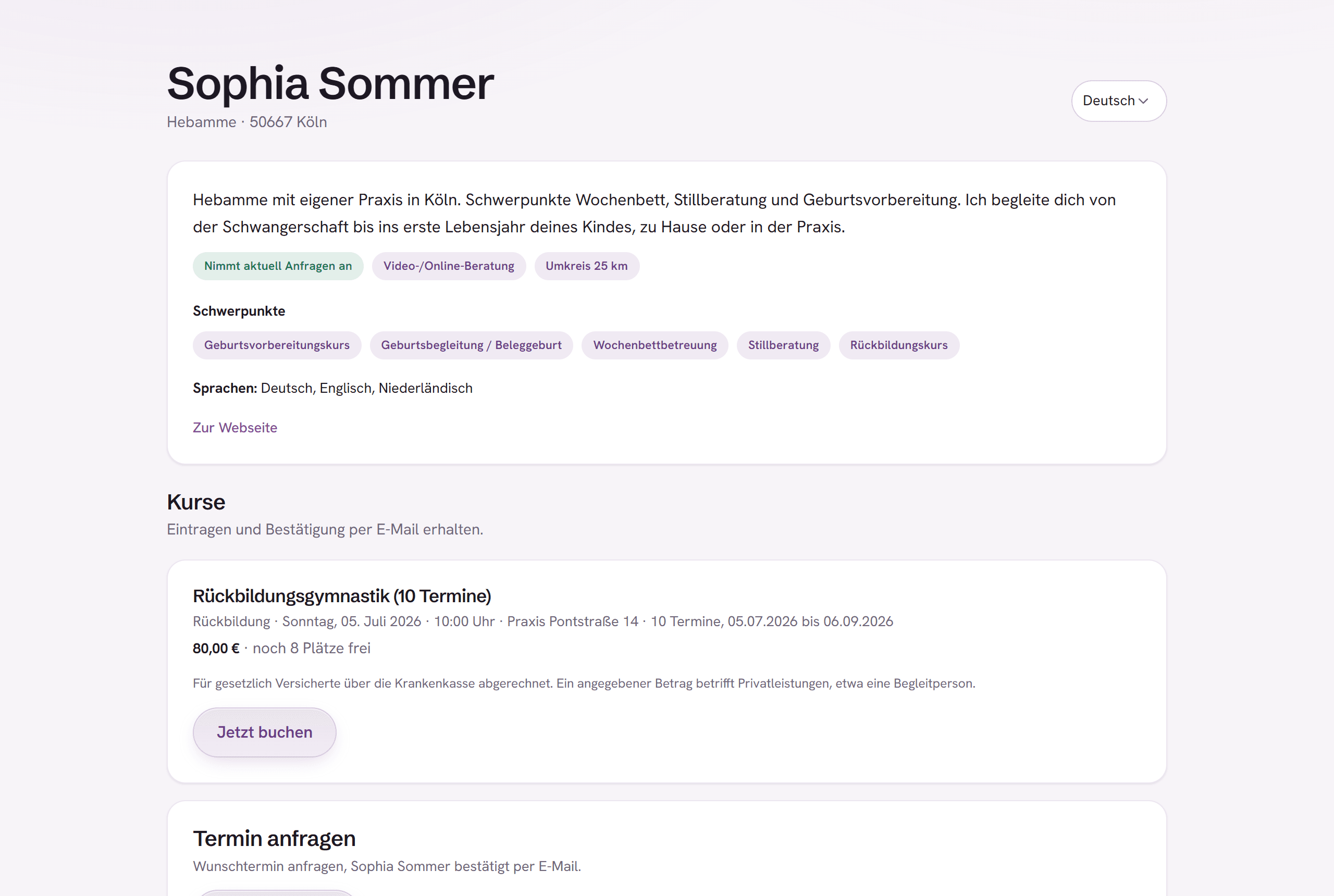 Eigene Seite einer Hebamme in uwupa: Profil mit Schwerpunkten und Sprachen, ein online buchbarer Kurs und eine Terminanfrage.