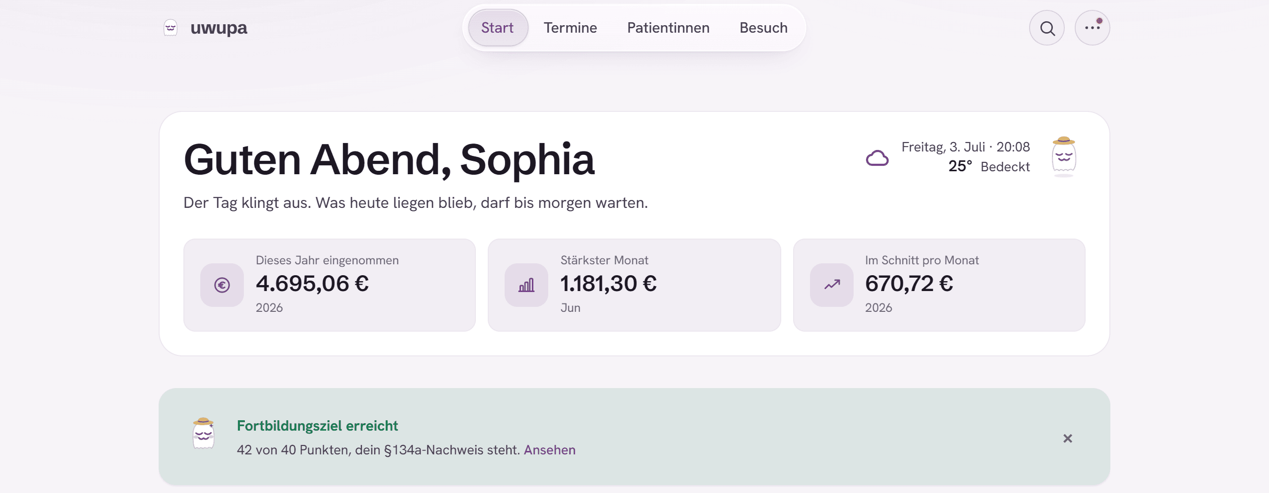 Die Startseite von uwupa mit dem Überblick über den Tag: Begrüßung, Wetter, die wichtigsten Zahlen und ein Hinweis zum erreichten Fortbildungsziel.