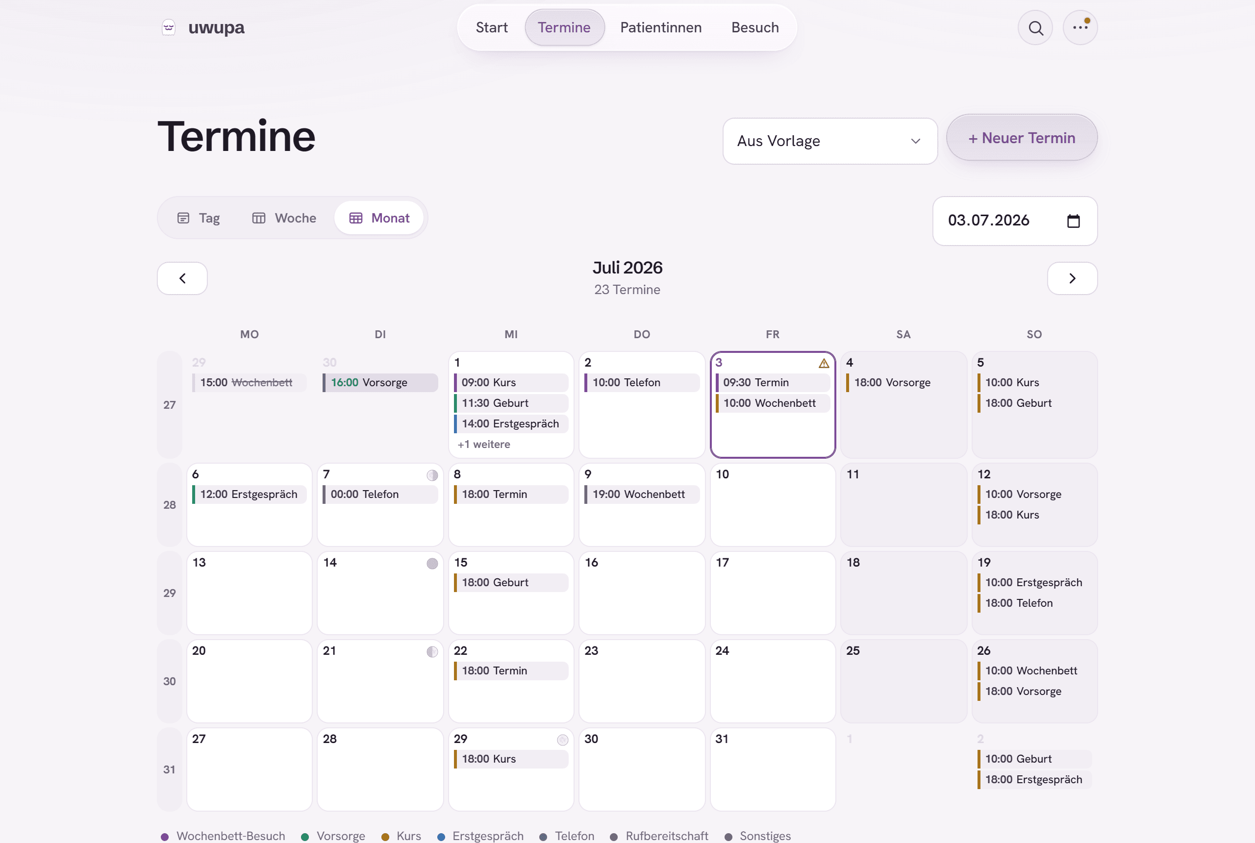 Kalender in uwupa: Termine nach Art farblich sortiert, für Tag, Woche und Monat.